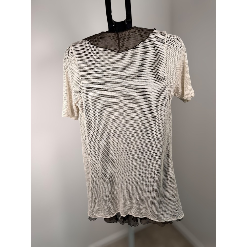 Chico's Open Front Mesh Cardigan Brown Ruffle Trim Linen Blend Short Sleeve 1 M - Picture 5 of 7
